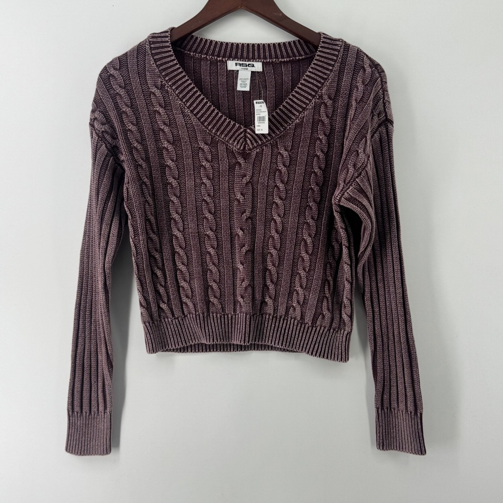 RSQ Womens Washed Burgundy Cable Knit V-Neck Cropped Sweater XS New JST01022
